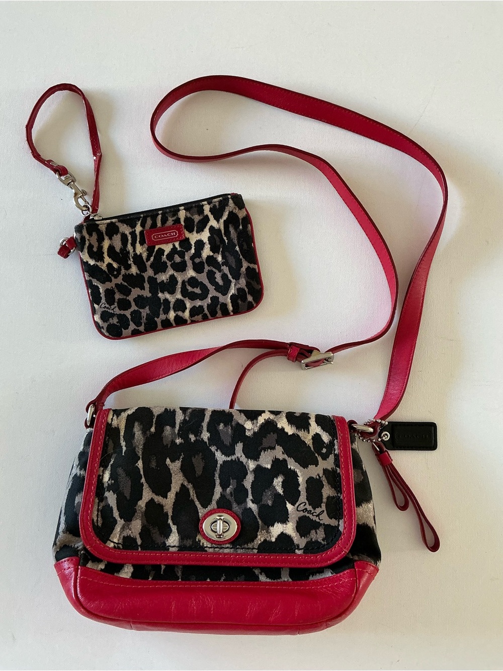 Coach Park Ocelot Leopard Print Crossbody Purse & Matching Wristlet Set